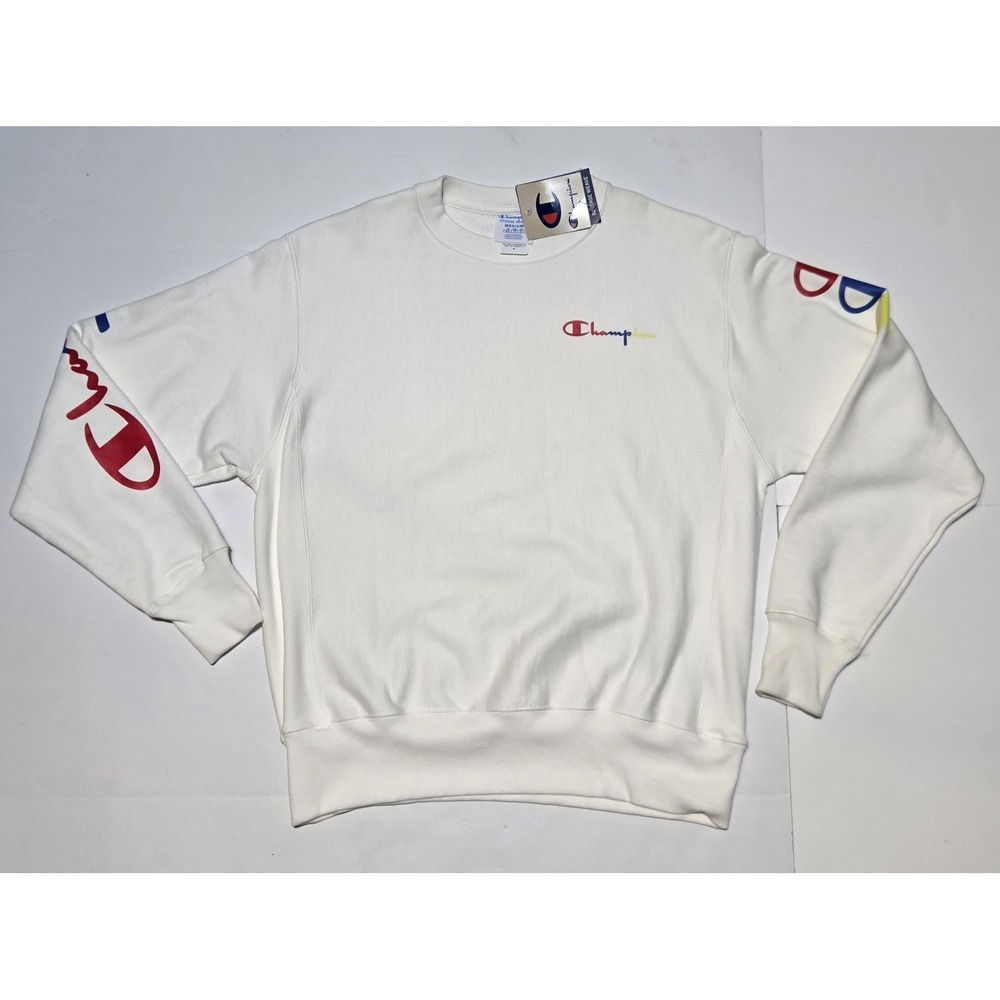 NWT Champion Reverse Weave Crewneck Sweatshirt White Multi Logo Mens Medium
